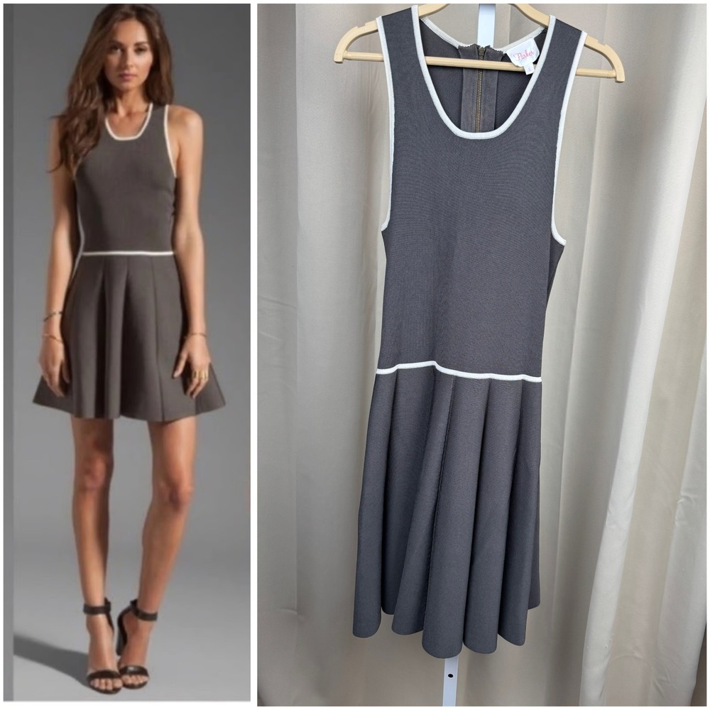 Parker Gray Fit & Flare Knit Dress Contrast Trim Sleeveless Back Zip Size‎ L